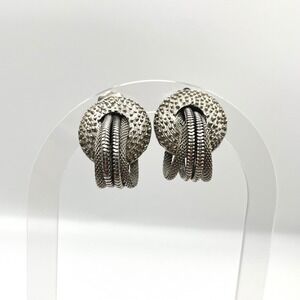 Vintage Silver Tone Mesh and Snake Chain Textured Dome Clip On Earrings